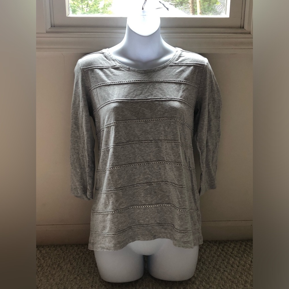 Christopher & Banks Gray Three Quarter Length Sleeve Top with Studded Accents